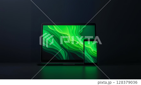 パソコンとスマホに映る鮮やかなデジタルアートのモックアップ構図 パソコンとスマホに映る鮮やかなデジタルアートのモックアップ構図 128379036