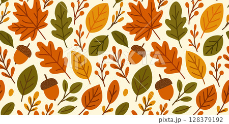 Vector seamless pattern with bright autumn leaves and acorns on white background Vector seamless pattern with bright autumn leaves and acorns on white background 128379192