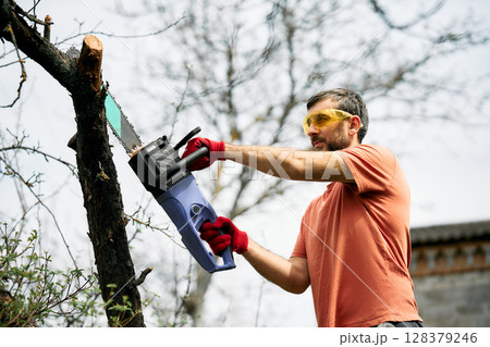 Young man cutting trees using electrical chainsaw in motion at his backyard 128379246