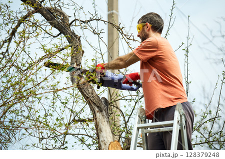 Young man cutting trees using electrical chainsaw in motion at his backyard Young man cutting trees using electrical chainsaw in motion at his backyard 128379248