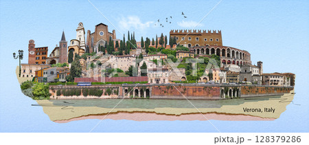 Verona colorful tourist landmarks postcard without label, Veneto region of Italy - art collage or design 128379286