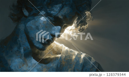 斜光に照らされながらうつむく青年の幻想的なシルエットアート 128379344