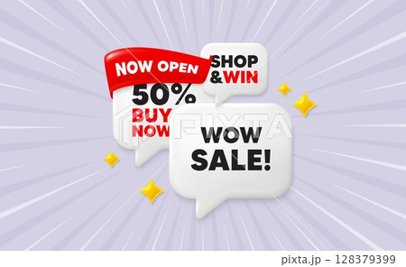 Wow sale speech bubbles. Now open flag ribbon. Wow Sale tag. Special offer price sign. Advertising Discounts symbol. Discount chat bubbles with 3d sparkles. Vector 128379399