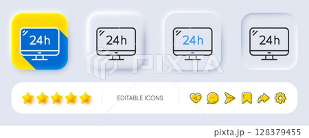 24 hour service line icon. Neumorphic, Flat shadow, 3d buttons. Call support sign. Feedback chat symbol. Line 24h service icon. Social media icons. Vector 128379455