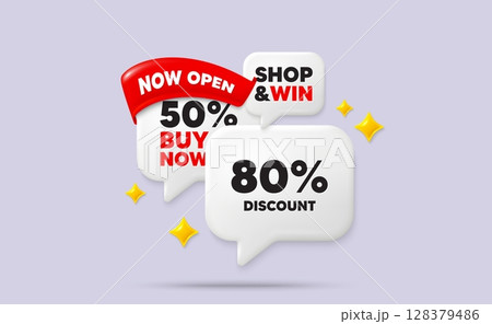 Discount speech bubbles. Now open flag ribbon. 80 percent discount tag. Sale offer price sign. Special offer symbol. Discount chat bubbles with 3d sparkles. Vector Discount speech bubbles. Now open flag ribbon. 80 percent discount tag. Sale offer price sign. Special offer symbol. Discount chat bubbles with 3d sparkles. Vector 128379486
