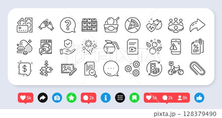 Tax documents, Coffeepot and Fireworks line icons pack. Social media: share, comment, like icons. Insurance hand, Prohibit food, Question mark web icon. Vector 128379490