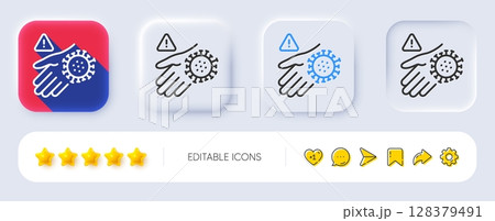 Wash hand line icon. Neumorphic, Flat shadow, 3d buttons. Dont touch warning sign. Hygiene notification symbol. Line wash hand icon. Social media icons. Vector 128379491