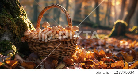 Basket filled with assorted mushrooms resting on colorful autumn leaves near a tree in a serene forest setting, showcasing nature's bounty and seasonal beauty Basket filled with assorted mushrooms resting on colorful autumn leaves near a tree in a serene forest setting, showcasing nature's bounty and seasonal beauty 128379934