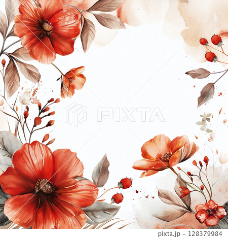 Vibrant floral watercolor illustration featuring red flowers and green leaves, creating a beautiful border design with ample copy space for text or graphics 128379984