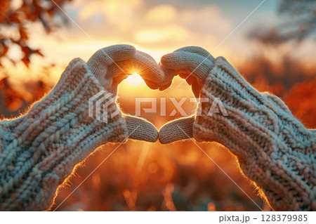 Hands in cozy knitted gloves forming heart shape against a beautiful sunset background, symbolizing love and warmth in nature's embrace 128379985