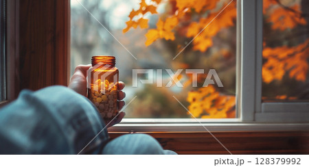 Hand holding amber glass bottle filled with pills, sitting by window with autumn leaves outside, creating a cozy and reflective atmosphere Hand holding amber glass bottle filled with pills, sitting by window with autumn leaves outside, creating a cozy and reflective atmosphere 128379992