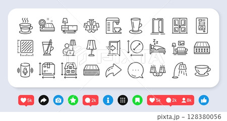 Coffee machine, Espresso and Mattress line icons pack. Social media: share, comment, like icons. Door, Entrance, Open door web icon. Sconce light, Voice assistant, Floor lamp pictogram. Vector 128380056