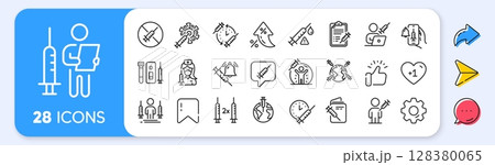 Vaccine line icons. Interest rate, AI generate, Inflation icons. Corona jab, Medical Syringe, Vaccination passport icons. Covid vaccine, Human jabbed and Coronavirus dose. Vector Vaccine line icons. Interest rate, AI generate, Inflation icons. Corona jab, Medical Syringe, Vaccination passport icons. Covid vaccine, Human jabbed and Coronavirus dose. Vector 128380065