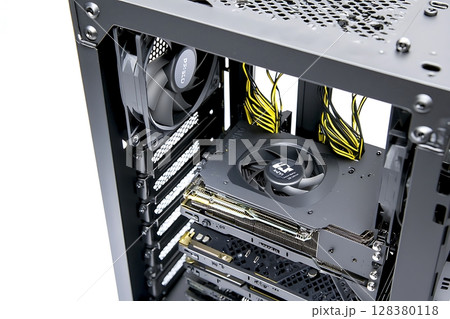 A computer case with a black fan and a yellow fan 128380118