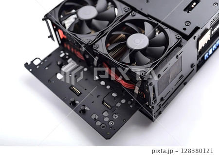 A computer case with a black fan inside 128380121