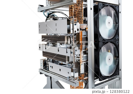 A computer case with two fans and a white background 128380122