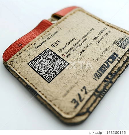 A brown leather wallet with a QR code on it 128380136