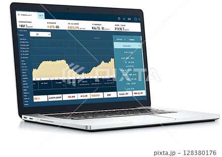 A laptop screen shows a graph of stock prices 128380176