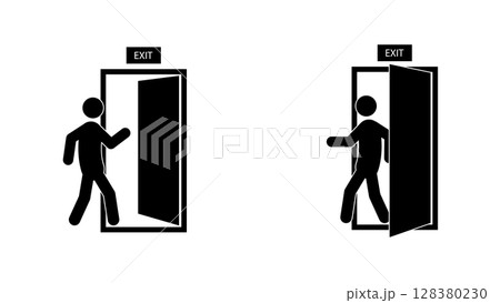 Set of stick figures, movement along the emergency exit stairs, vector illustration. Set of stick figures, movement along the emergency exit stairs, vector illustration. 128380230