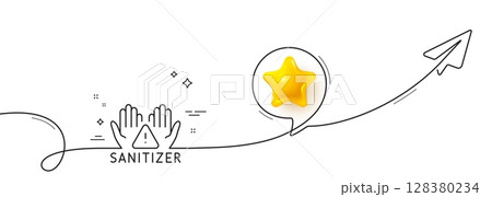Clean hands line icon. Continuous line with share plane. Sanitary cleaning sign. Washing hands symbol. 3d star in speech bubble. Clean hands single line ribbon. Loop curve pattern. Vector 128380234