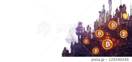 A cityscape with many buildings and a large number of Bitcoin symbols 128380288
