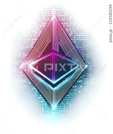 A colorful, neon shaped symbol with a blue and purple base and a red top 128380299