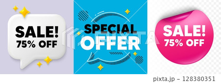 Sale speech bubble. 3d sparkles chat, Paper sticker. Sale 75 percent off discount. Promotion price offer sign. Retail badge symbol. Special offer bubble. Halftone dots pattern. Vector 128380351