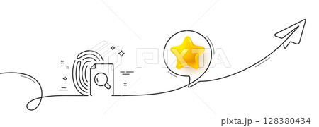 Inspect line icon. Continuous line with share plane. Research documents sign. Search file symbol. 3d star in speech bubble. Inspect single line ribbon. Loop curve pattern. Vector 128380434