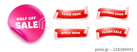 Half off sale sticker, offer ribbons. Apply now, Flash sale. Half off sale. Special offer price sign. Advertising discounts symbol. Pink sticker tag. Flag ribbon banners. Vector 128380441