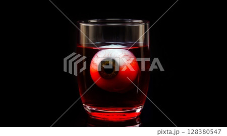 A chilling, realistic eyeball floats in red liquid, ideal for Halloween themes. A chilling, realistic eyeball floats in red liquid, ideal for Halloween themes. 128380547
