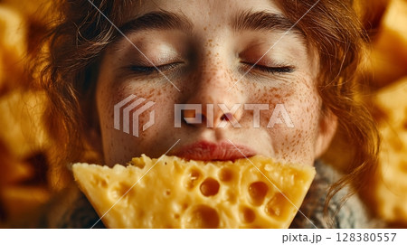 Freckled woman with eyes closed, enjoying a...のイラスト素材 [128380557] - PIXTA