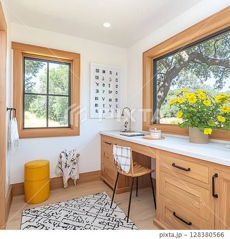 A small room with a desk and a window 128380566