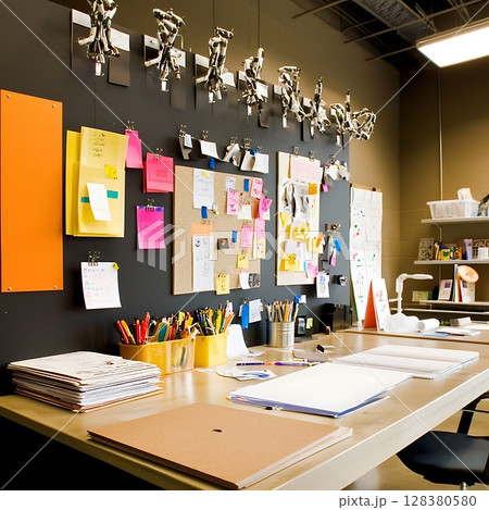A desk with a bulletin board with many notes...のイラスト素材 [128380580] - PIXTA