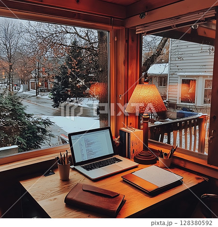 A laptop is on a desk in front of a window with a view of a snowy street A laptop is on a desk in front of a window with a view of a snowy street 128380592