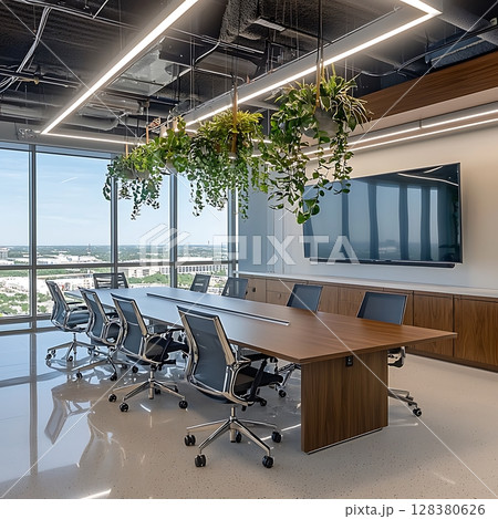 A large conference room with a long wooden table and chairs 128380626