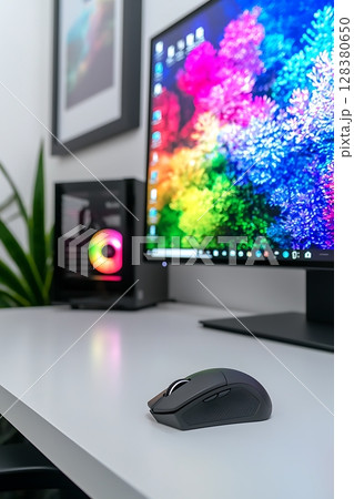 A computer mouse sits on a desk next to a computer monitor 128380650