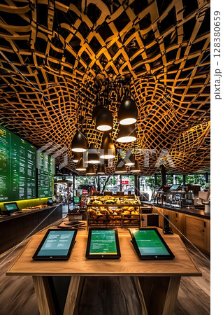 A restaurant with a lot of lights and a lot of tables 128380659