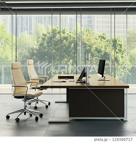 A modern office with a large window and two white chairs 128380717