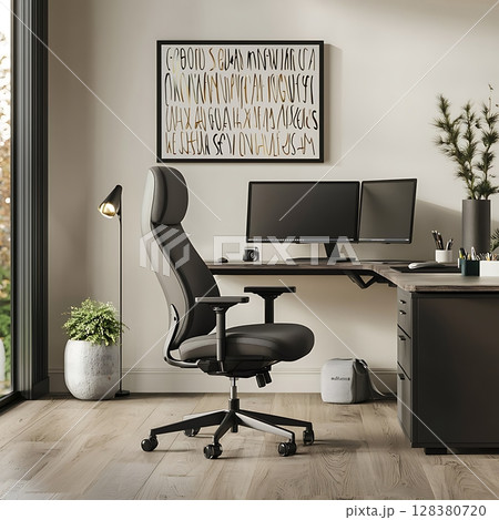 A black office chair sits in front of a desk with two computer monitors 128380720