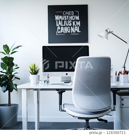 A white office chair sits in front of a computer monitor 128380721