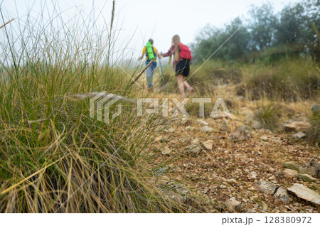 Hikers Exploring a Scenic Trail Surrounded by Lush Nature and Rocks Hikers Exploring a Scenic Trail Surrounded by Lush Nature and Rocks 128380972