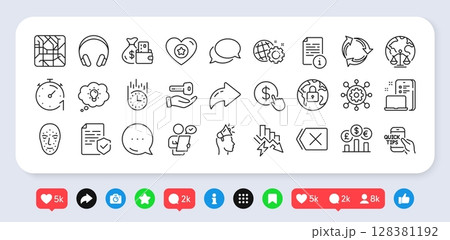Energy, Buying house and Fast delivery line icons pack. Social media: share, comment, like icons. Manual, Customer survey, Metro map web icon. Recycle, Lock, Change money pictogram. Vector 128381192