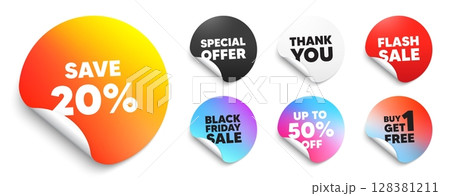 Discount sticker tag. Special offer paper price tags. Save 20 percent off tag. Sale Discount offer price sign. Special offer symbol. Discount, black friday sticker. Promo banner. Vector 128381211
