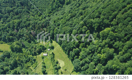 A top-down aerial view of a forest clearing among mixed green forest on a summer day. Glade in a coniferous-deciduous forest from a bird's eye view. A top-down aerial view of a forest clearing among mixed green forest on a summer day. Glade in a coniferous-deciduous forest from a bird's eye view. 128381265