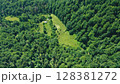 A top-down aerial view of a forest glade among mixed green forest on a summer day. Glade in a coniferous-deciduous forest from a bird's eye view. 128381272