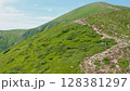 Aerial view of young tourists walking along a mountain trail with backpacks to the top of the mountain. Hiking, climbing, traveling, trekking, backpacking. 128381297