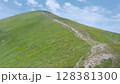 Aerial view of a green mountain slope with a winding trail leading to the summit under a blue sky with scattered clouds on a clear summer day. 128381300