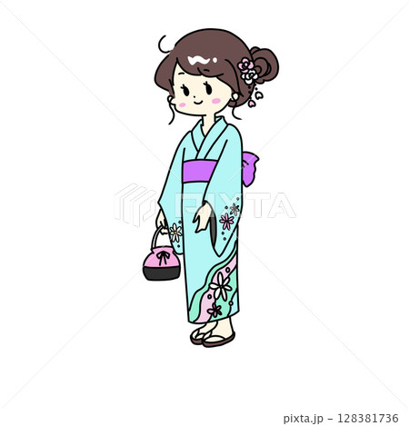 水色の浴衣姿の女性 128381736