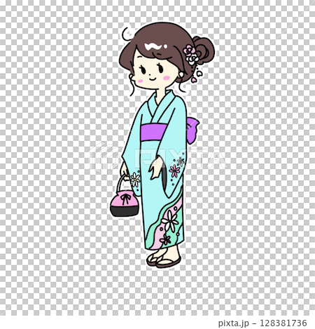 水色の浴衣姿の女性 128381736