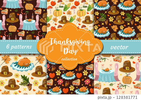 Thanksgiving Day seamless vector pattern set. Hand-drawn turkey, pie, hat, corn, candles and pumpkins. Cozy fall design for holiday wrapping, textiles and invitations. Thanksgiving Day seamless vector pattern set. Hand-drawn turkey, pie, hat, corn, candles and pumpkins. Cozy fall design for holiday wrapping, textiles and invitations. 128381771